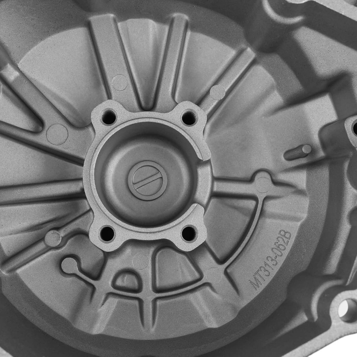Left engine stator cover close-up, circular cap detail and bolt holes