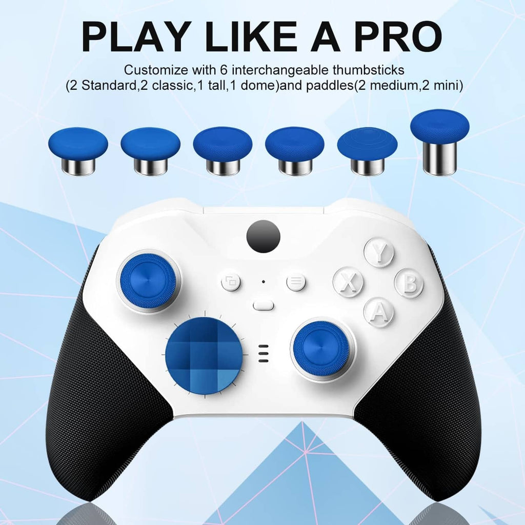 White controller with multiple blue interchangeable thumbstick caps