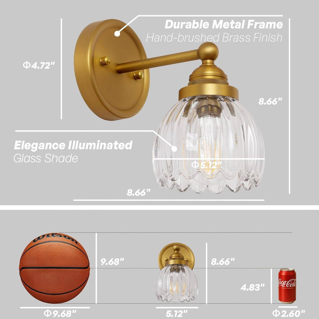 Vintage wall sconce light with clear tulip glass shade and hand-brushed antique brass frame