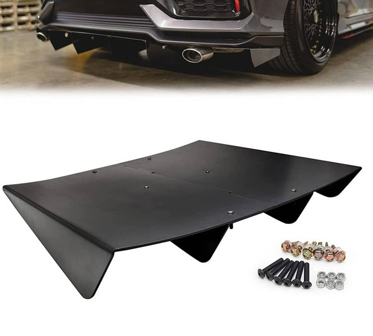 Black ABS rear bumper diffuser with shark-fin 4-fins and mounting hardware kit