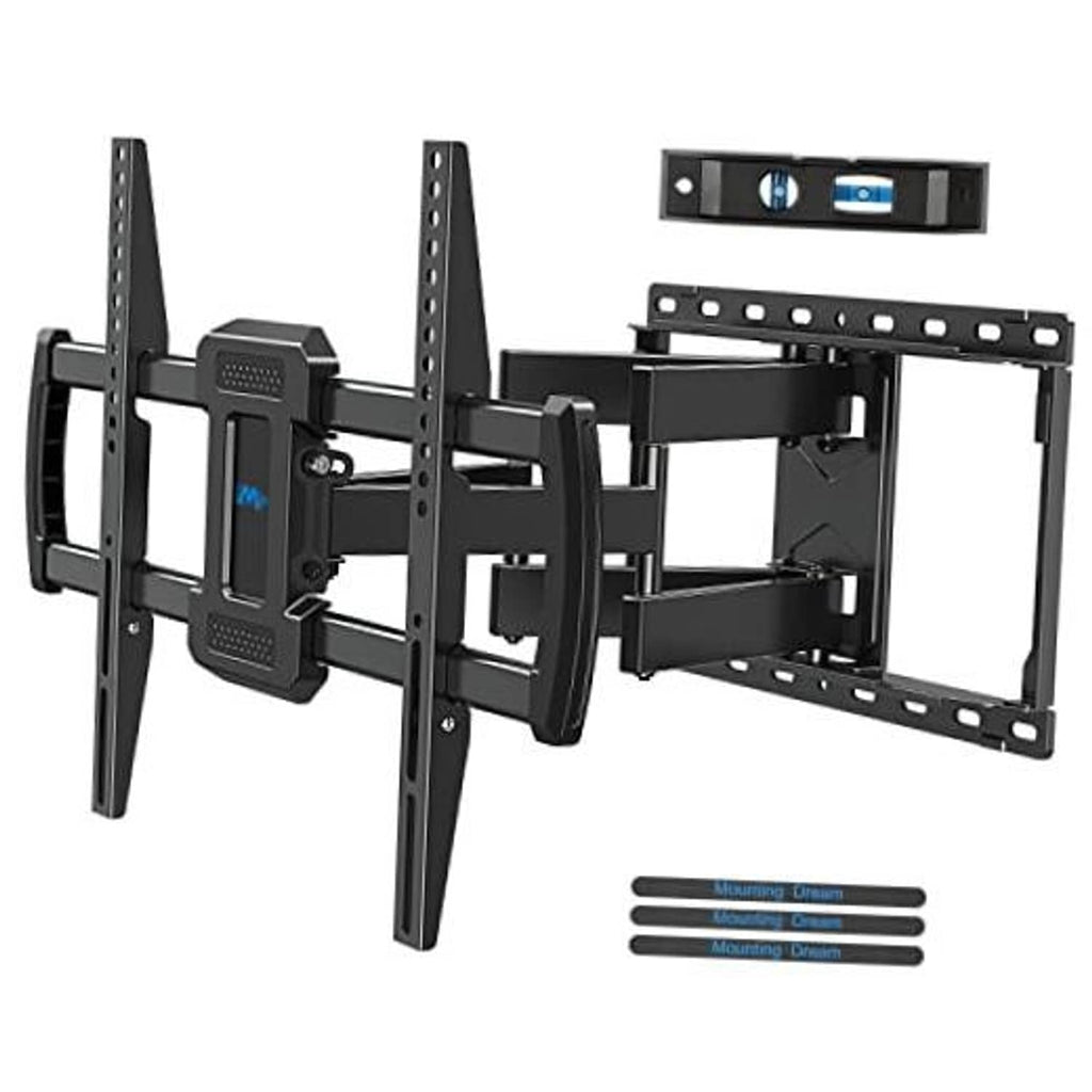 Full-motion TV wall mount bracket, black, with hinged arms and VESA mounting plate