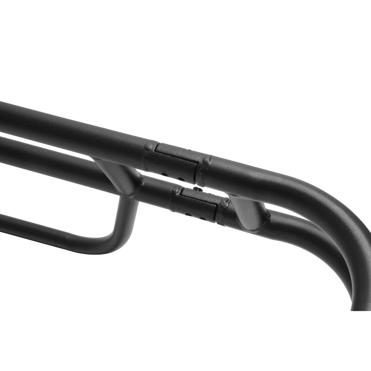 Close-up of black tubular brush guard bumper joint with welded seam