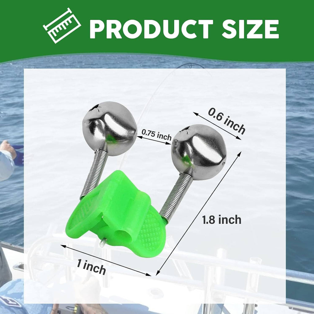 Fishing rod bite alarm bell size diagram with green clips and chrome bell heads