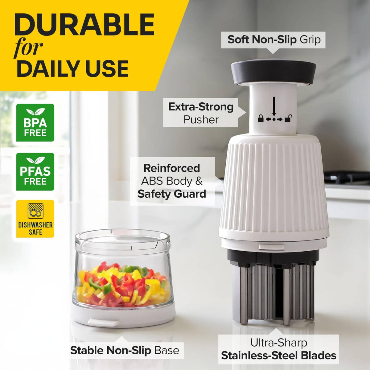 White push chopper body with stainless-steel blades, clear cup shown