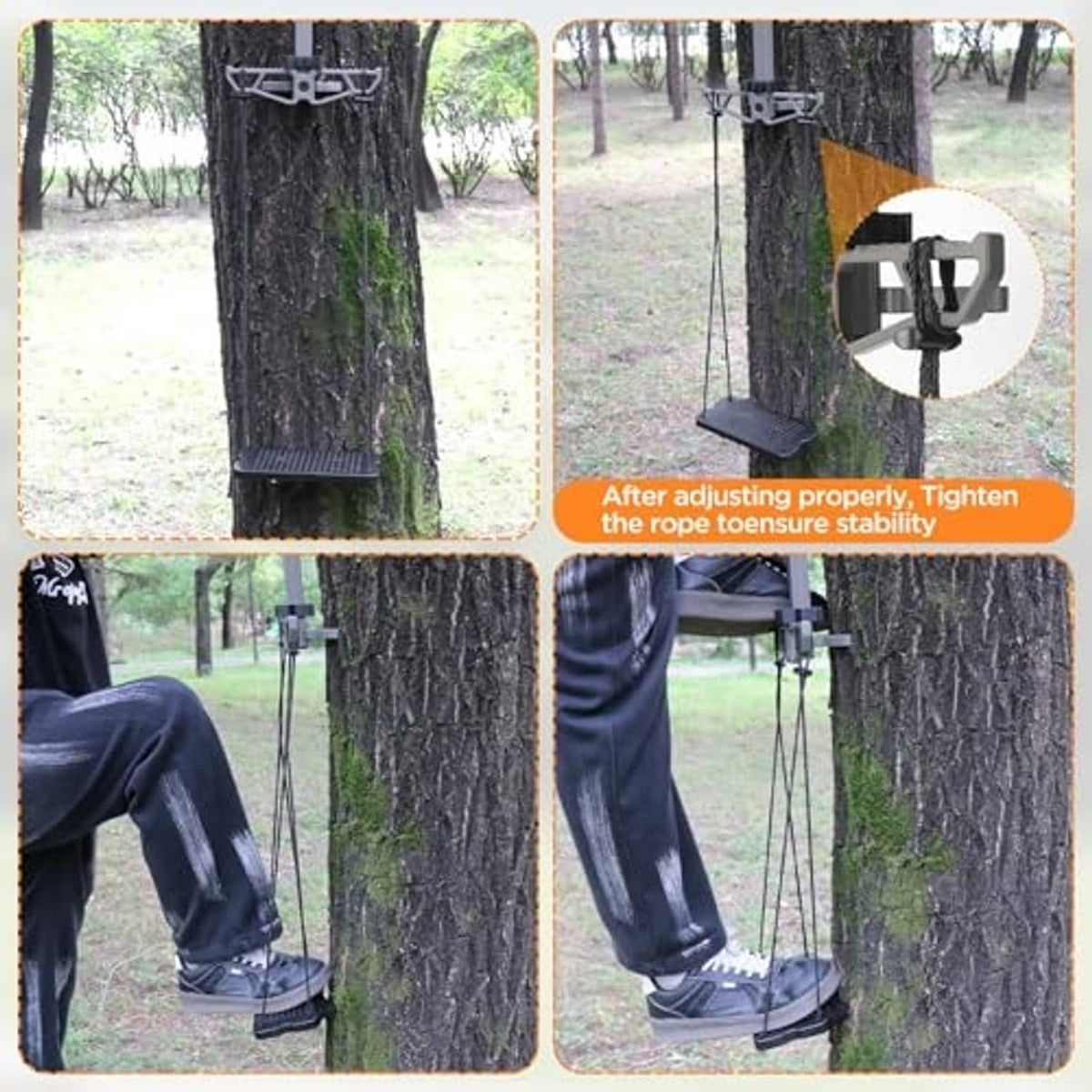 Climbing stick aider step plate with rope suspension; boots on the platform for climbing
