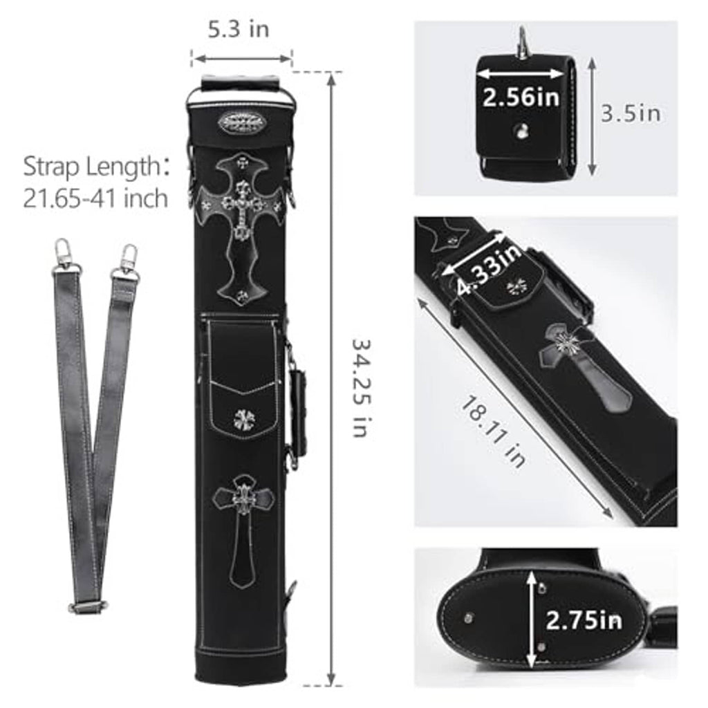 Black cue case with shoulder strap, top handle, cross embroidery, and zipper front