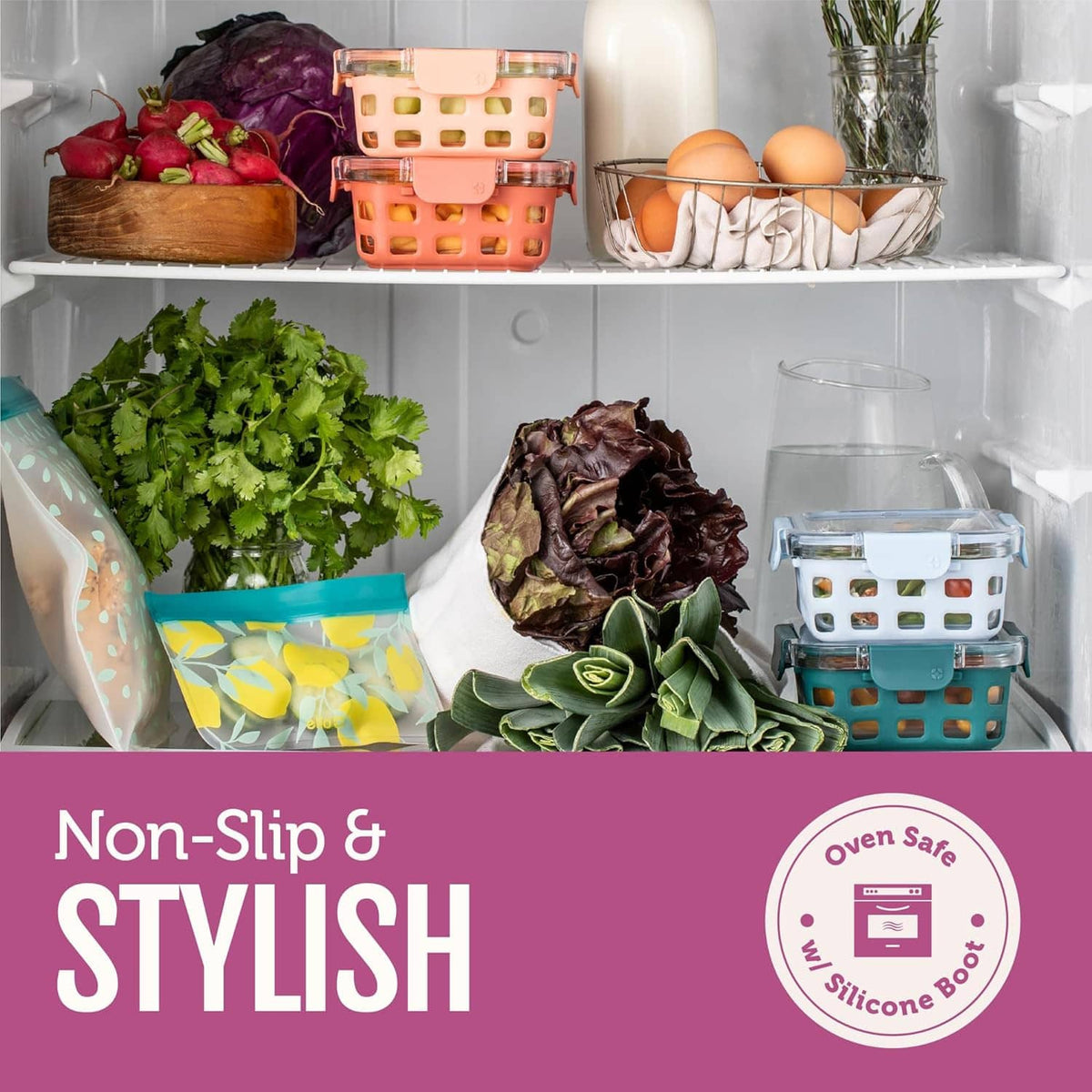 Glass food storage containers with colored lids inside a refrigerator with produce