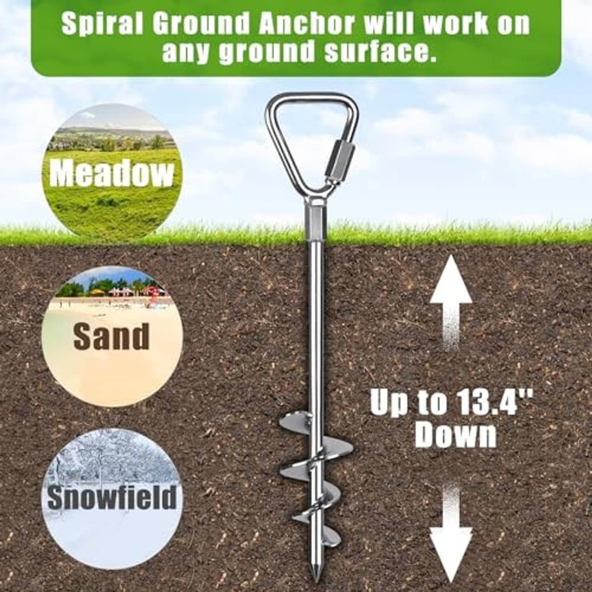 Spiral screw ground anchor stake in soil, chrome finish, up to 13.4 in height.