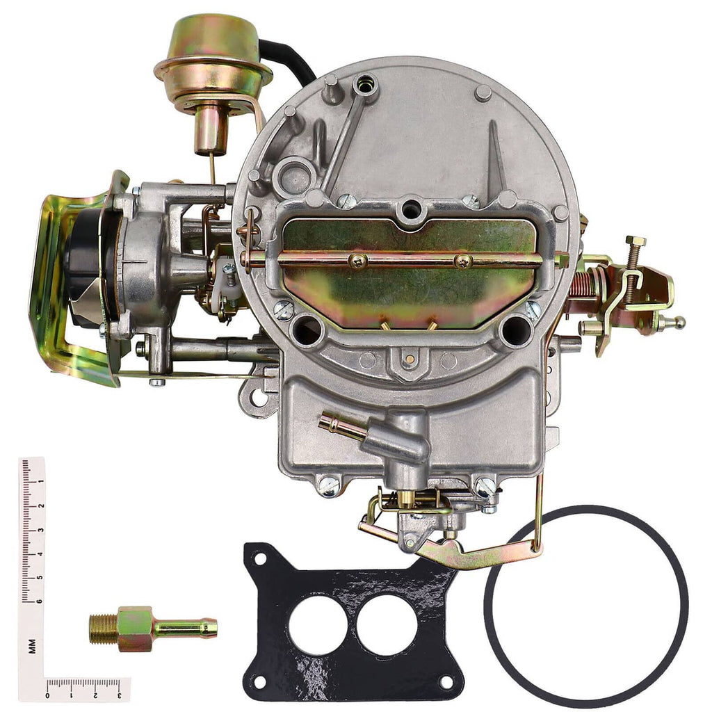 Two-barrel carburetor assembly with air horn, linkage, hoses, and mounting gasket