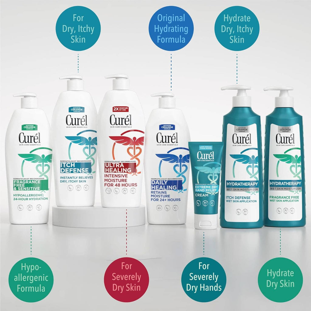 Assorted Curel lotion bottles for dry, itchy skin and hands, with different formulas shown