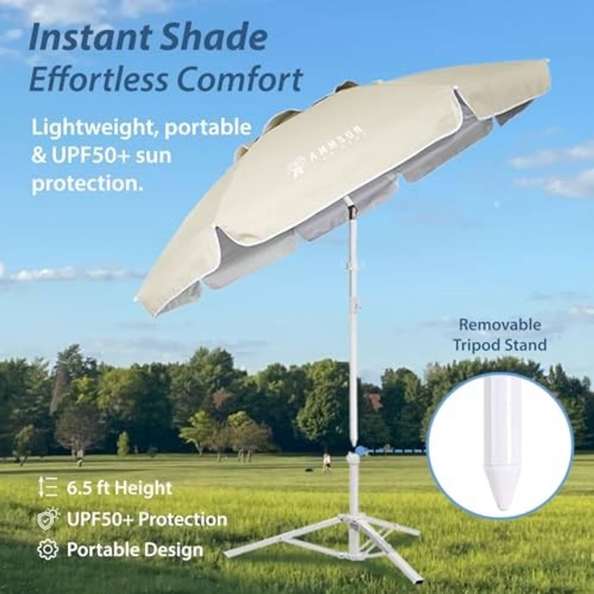 Beige patio umbrella with hanging cover and white removable tripod stand