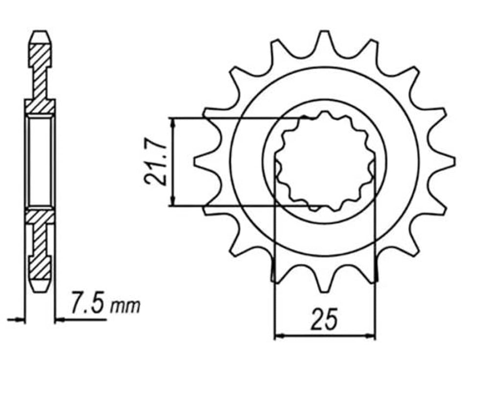 Motorcycle drive sprocket dimensions diagram: 25 mm pitch width and 7.5 mm thickness