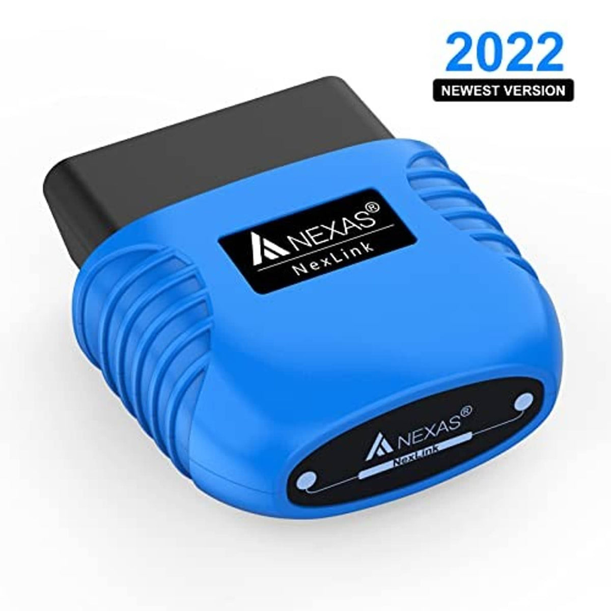 Blue Nexlink Bluetooth OBD2 code scanner, angled close-up with connector.