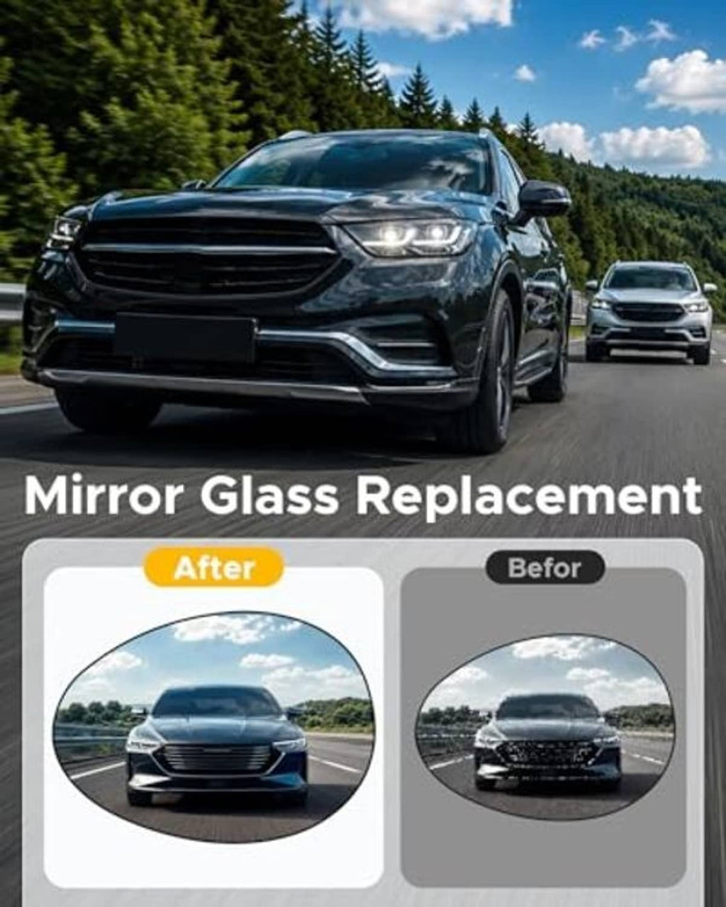 Side mirror glass replacement shown on a car, with before and after views