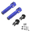 Blue foldable motorcycle foot pegs, 90-degree angled arms, textured tread ends