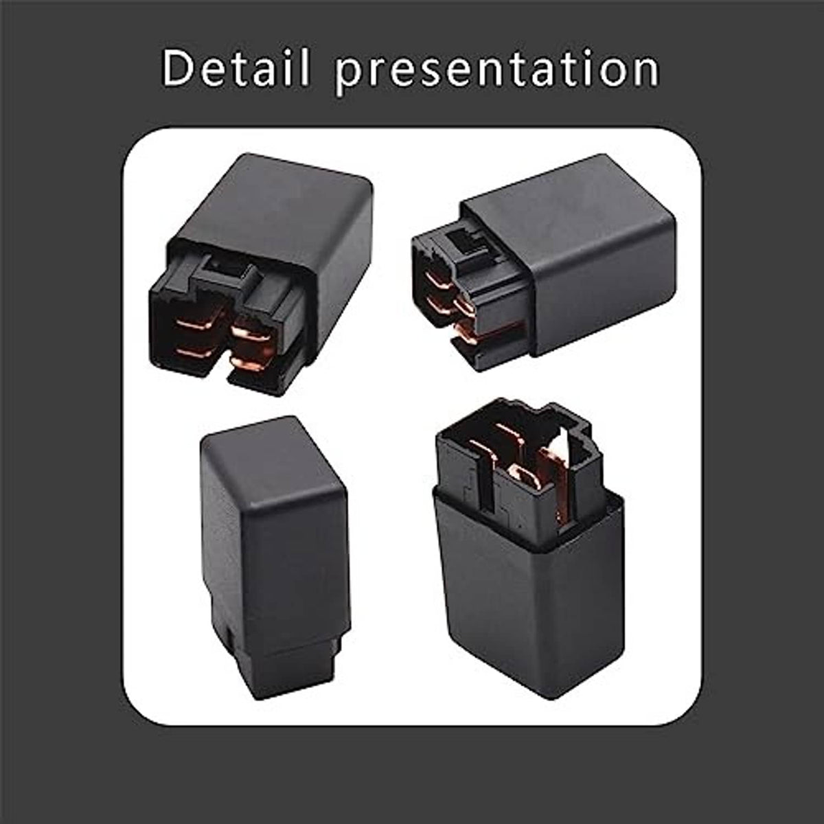 Black 4-pin automotive relay shown from multiple angles with copper-colored terminals