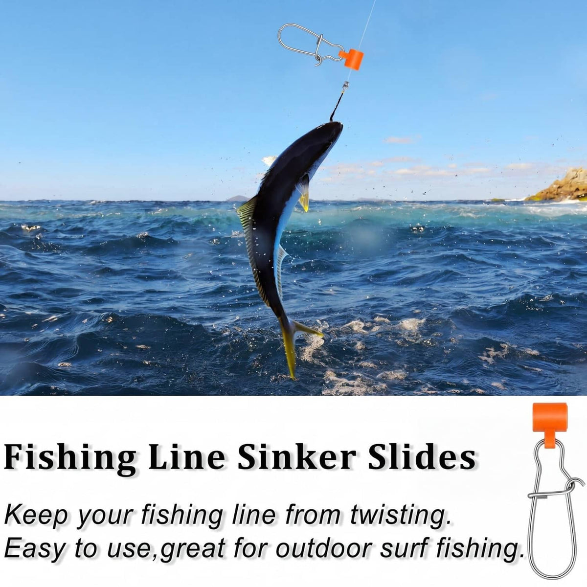 Orange snap sinker slide on fishing line with metal hook and attached rig