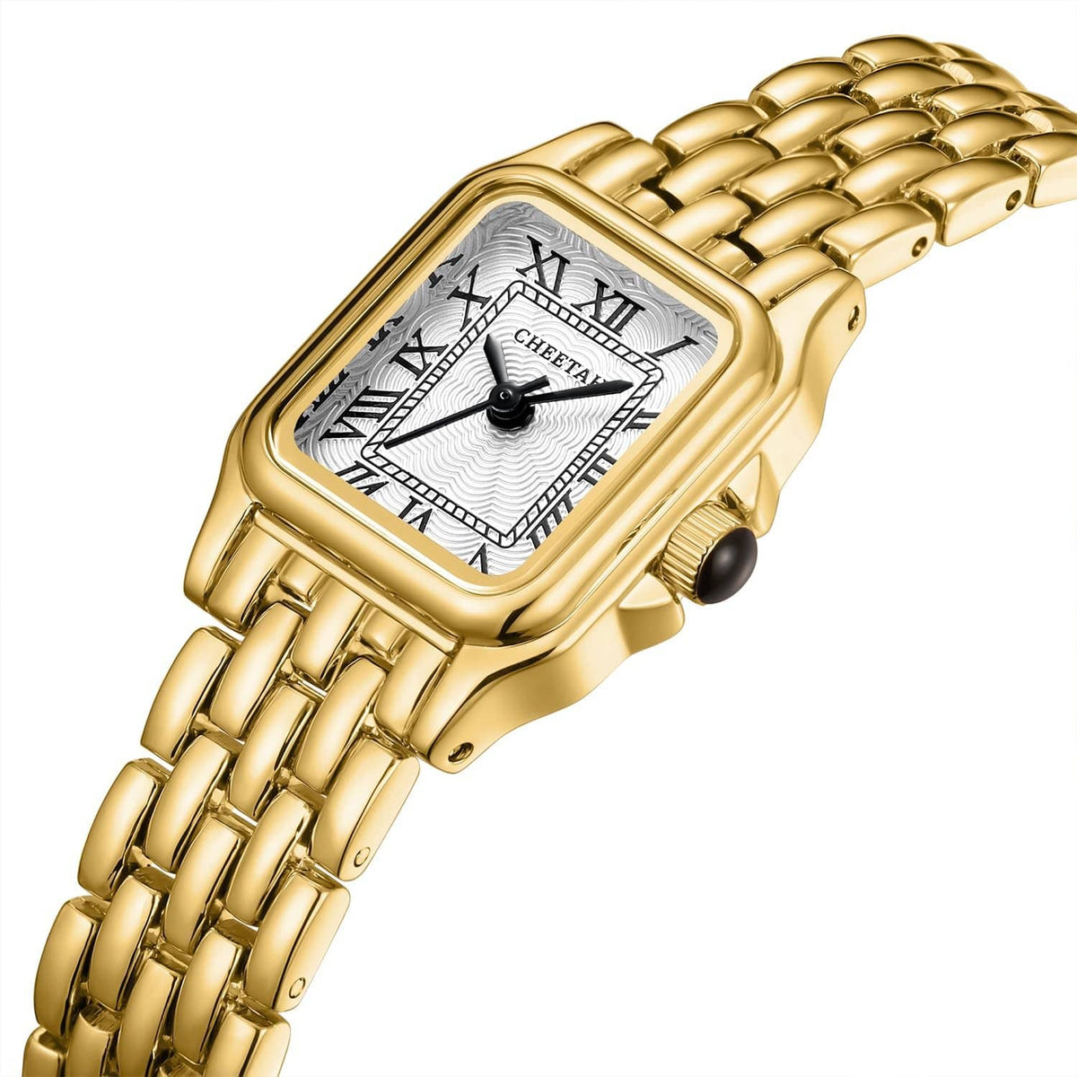 Gold-tone square wristwatch with white dial and Roman numerals, linked bracelet band