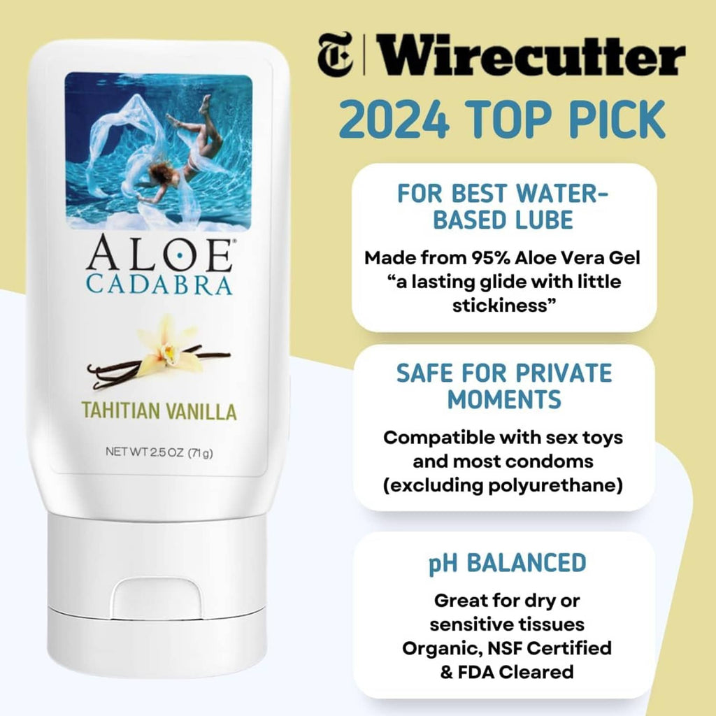 Aloe Cadabra Tahitian vanilla lubricant tube, box, and Wirecutter 2024 Top Pick badge