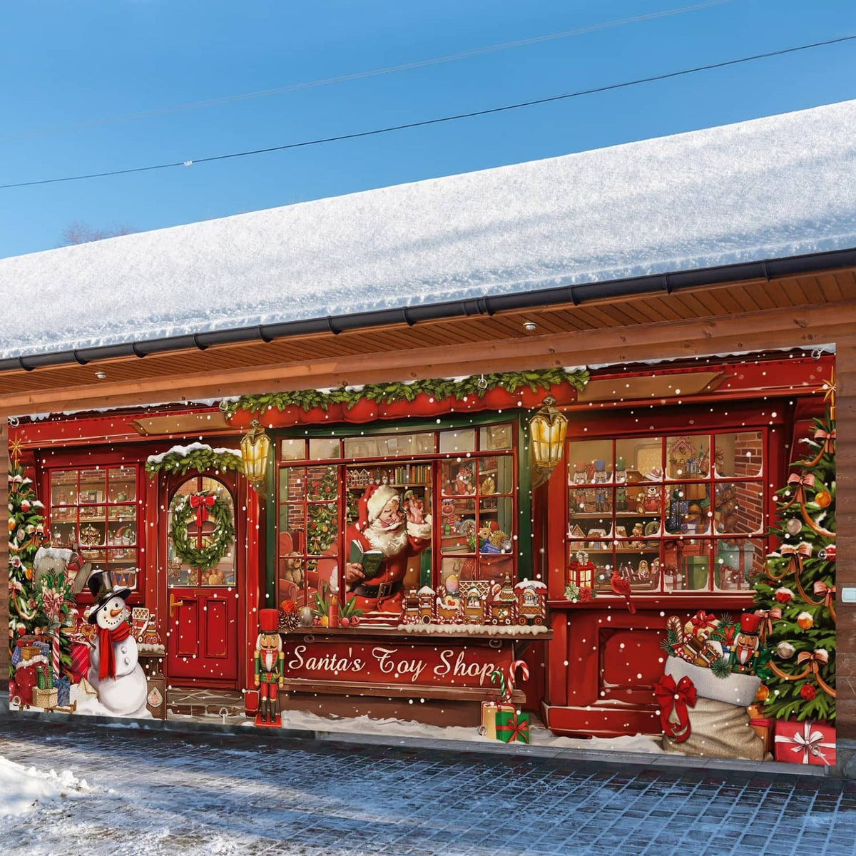 Christmas toy shop banner with red doors, sign, snowman, and decorated evergreen border