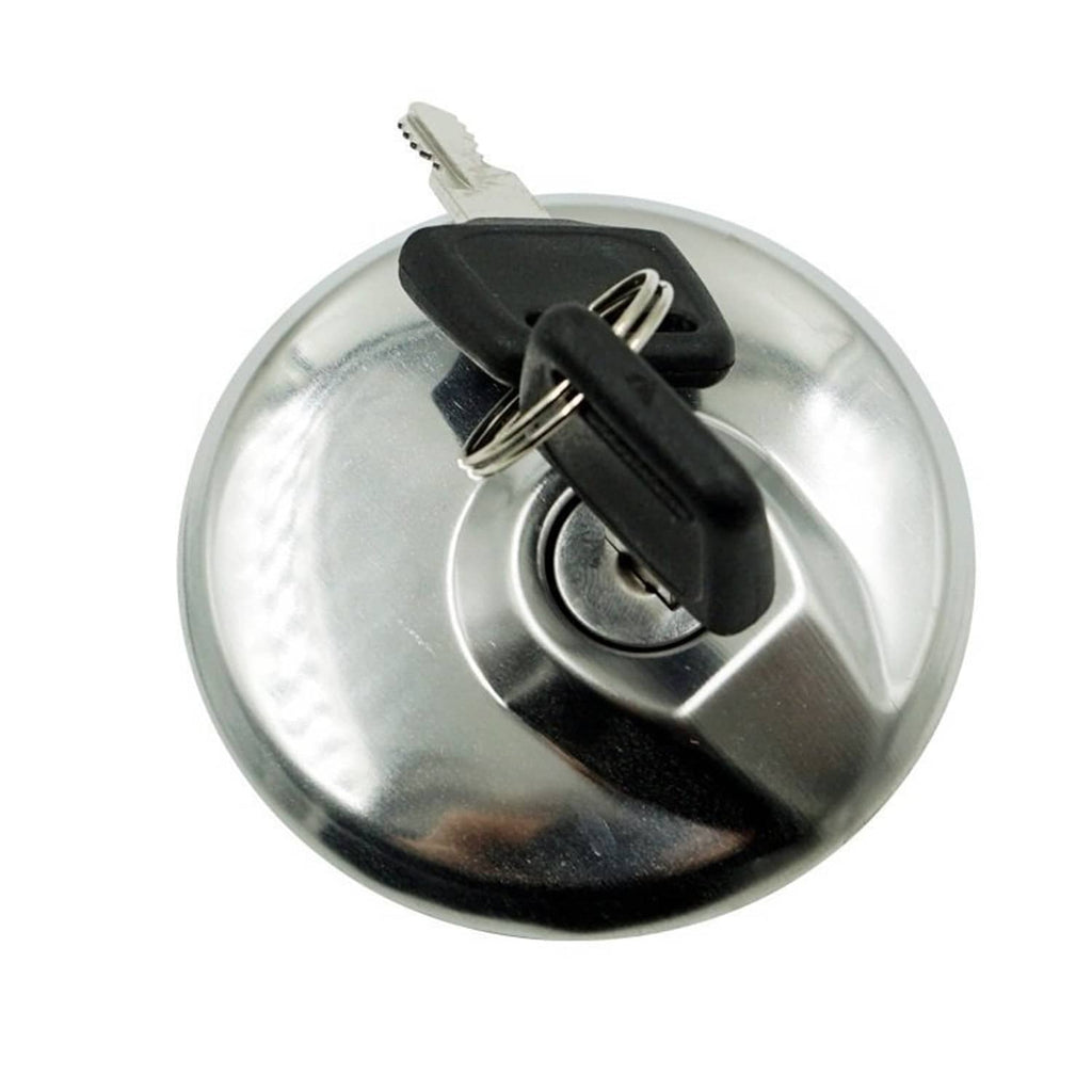 Fuel gas cap with chrome cover and black key holder, two keys inserted
