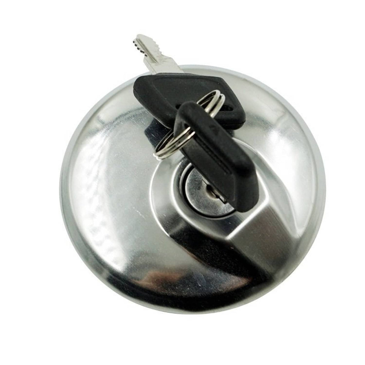 Fuel gas cap with chrome cover and black key holder, two keys inserted