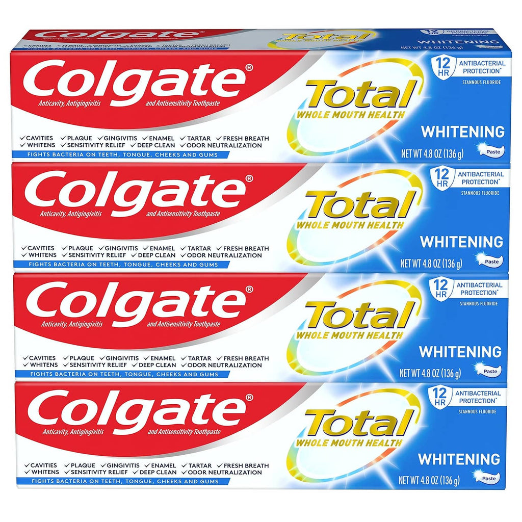 Colgate Total Whole Mouth Health Whitening toothpaste multipack box, blue and white