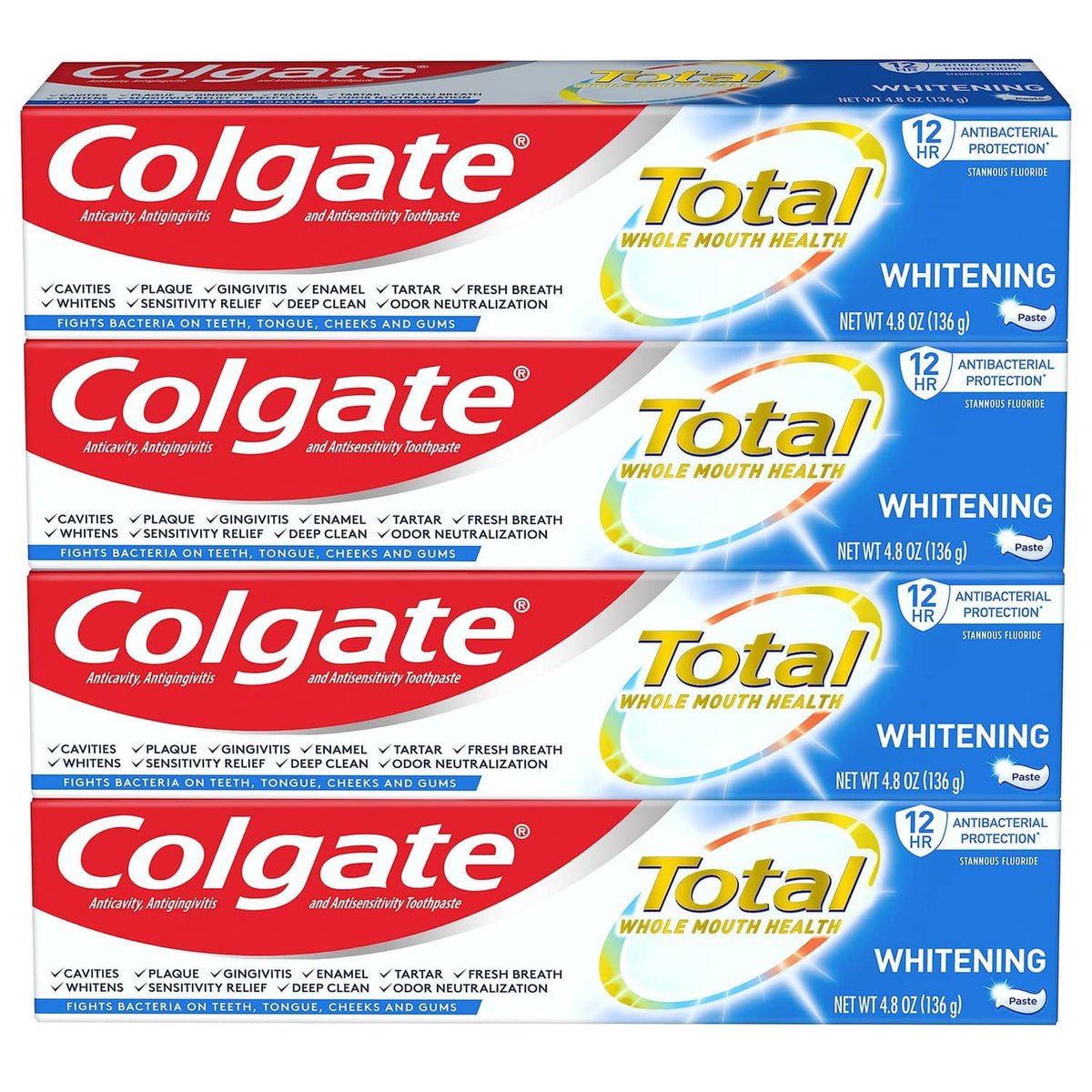 Colgate Total Whole Mouth Health Whitening toothpaste multipack box, blue and white