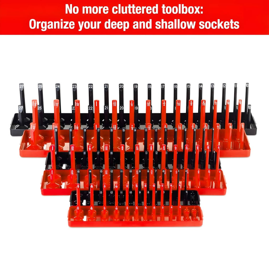 Red socket organizer tray set with upright sockets and black metric trays