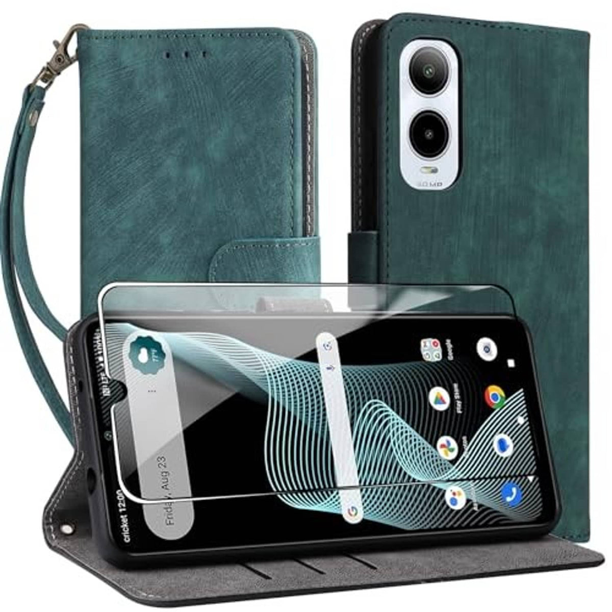 Teal leather-look wallet folio phone case with wrist strap; dual camera cutout.