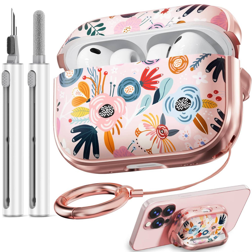 Inesore AirPods case with pink berry floral pattern and rose-gold clear bumper