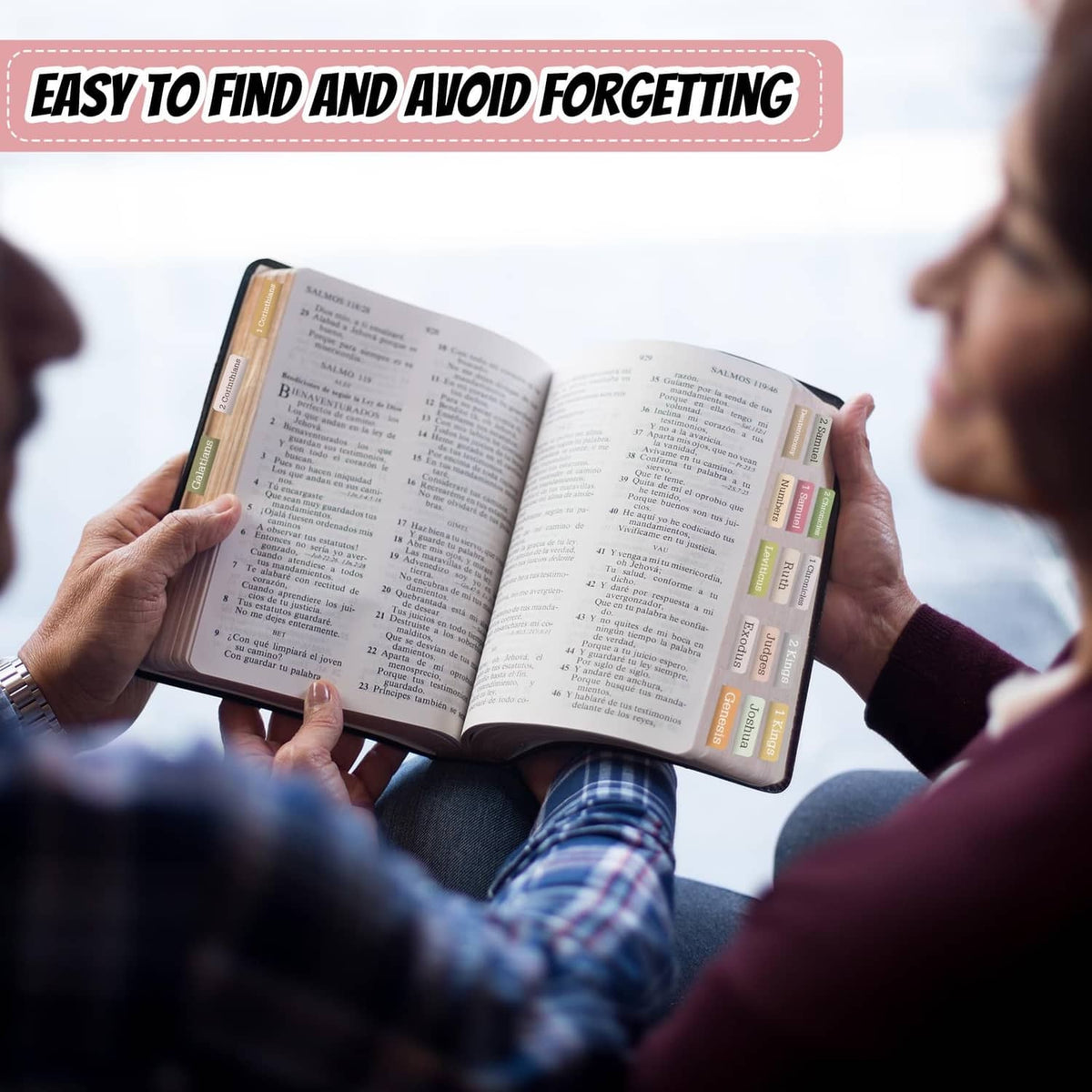 Laminated Bible tabs on an open Bible for easy navigation and quick book searching
