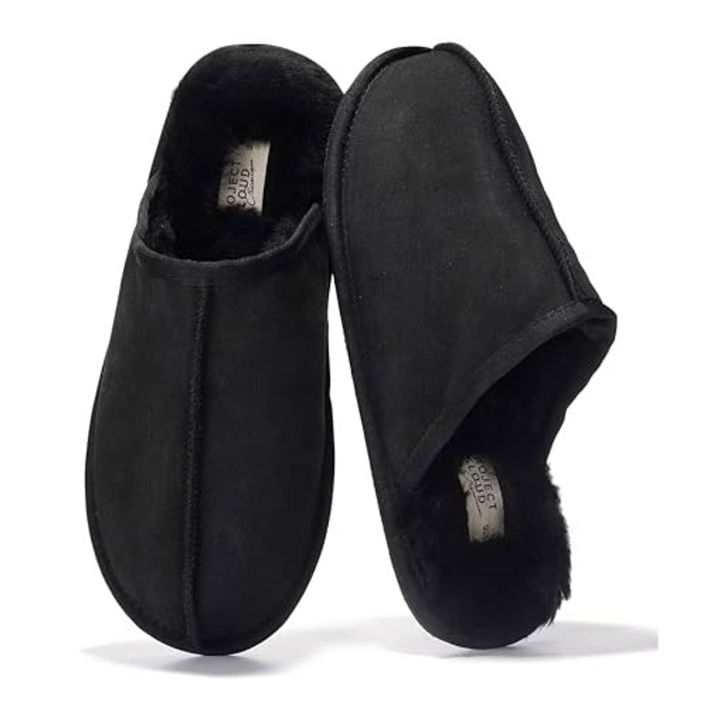 Black leather shearling-lined slide slippers with open back and cushioned footbed