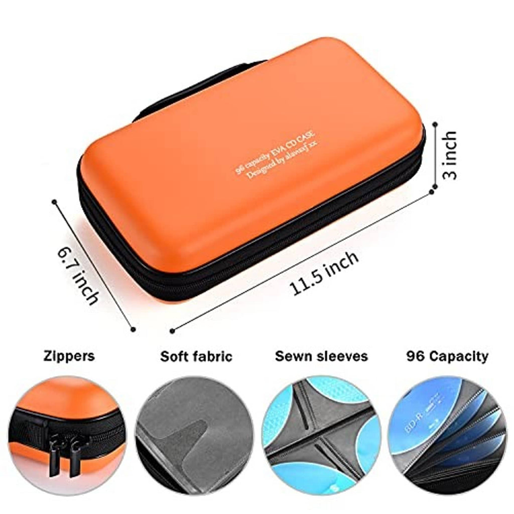 Orange CD/DVD storage case, 11.5 in x 6.5 in x 3 in; black zipper and soft sleeves