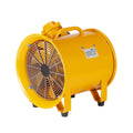 Yellow portable extractor fan blower with front wire grille and top discharge handle
