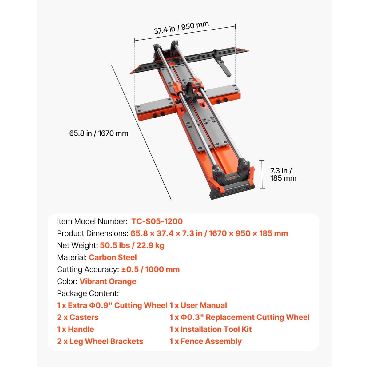Manual tile cutter shown with measurement labels, orange base and long guide rails