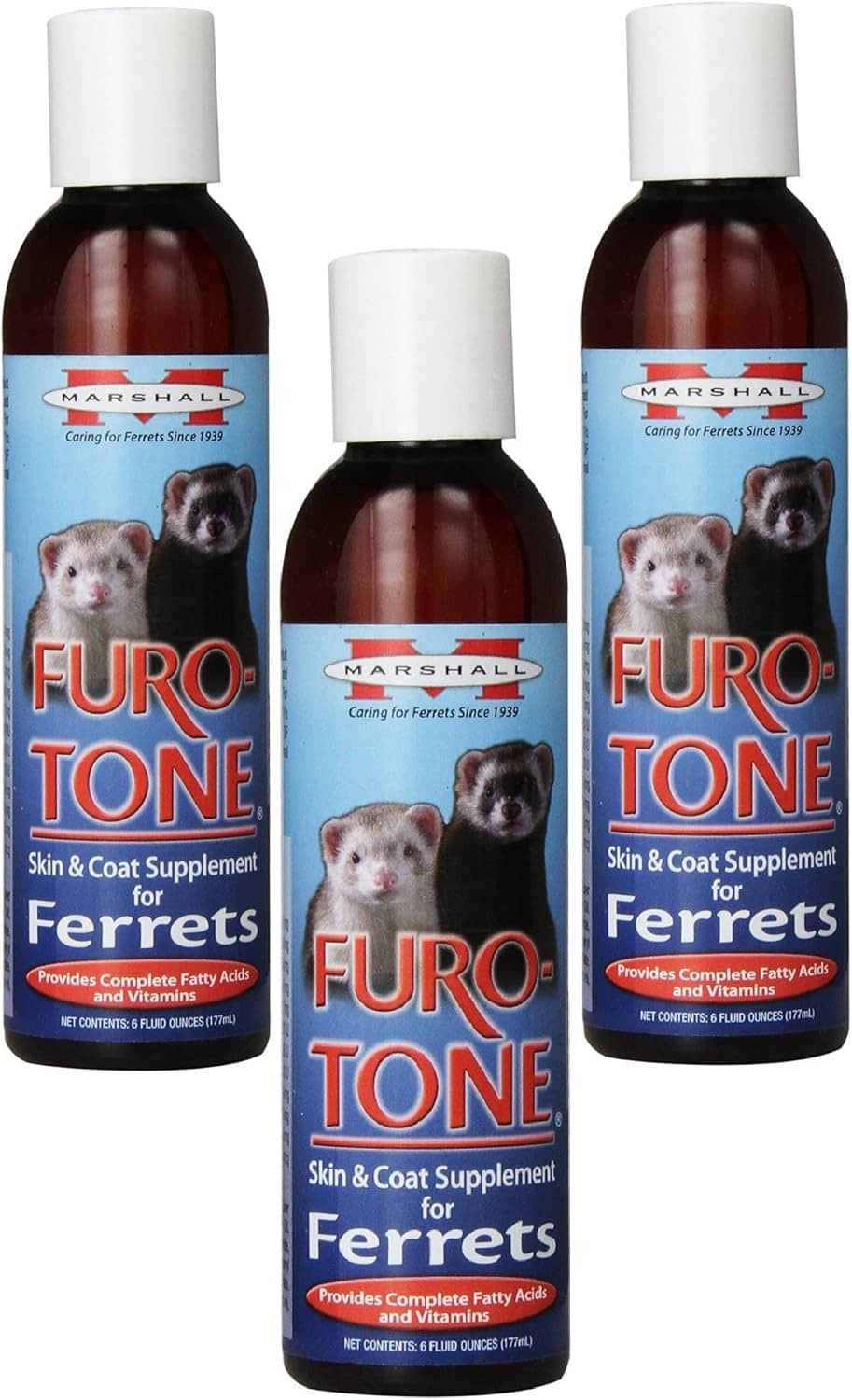 Set of three amber ferret supplement bottles with white caps and Furo Tone text