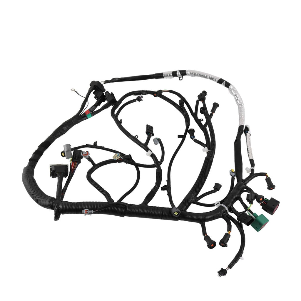 Engine wire harness with black wiring, multiple connectors, and electrical plug terminals