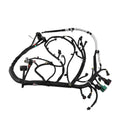 Engine wire harness with black wiring, multiple connectors, and electrical plug terminals