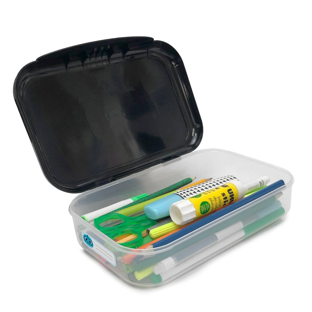 ZIPIT recycled plastic pencil box open with clear storage tray and colorful pens