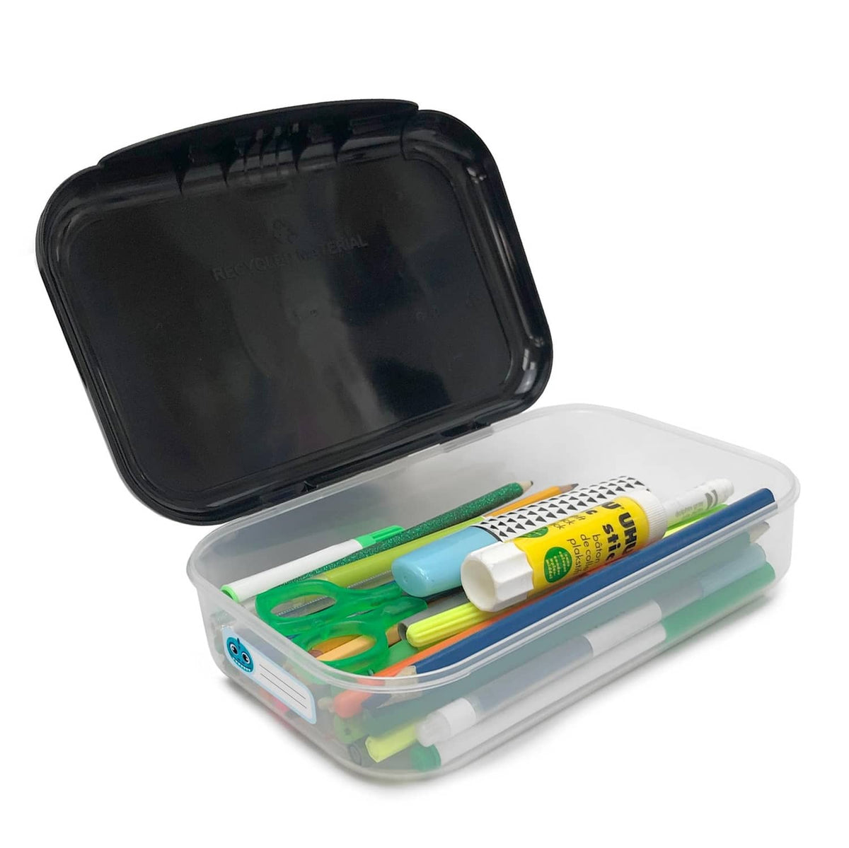ZIPIT recycled plastic pencil box open with clear storage tray and colorful pens