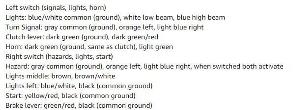 Motorcycle switch wiring color chart listing lights, turn signal, horn, clutch, and brake