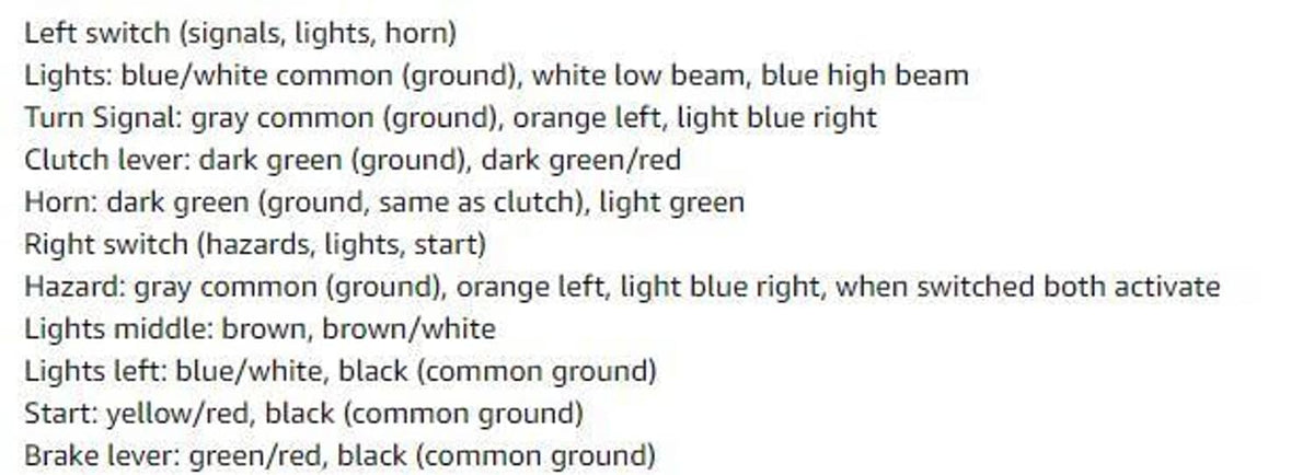 Motorcycle switch wiring color chart listing lights, turn signal, horn, clutch, and brake