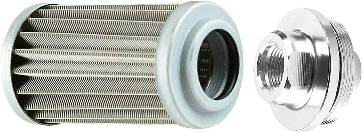 Cylindrical fuel filter element with metal mesh and silver end cap plus threaded adapter