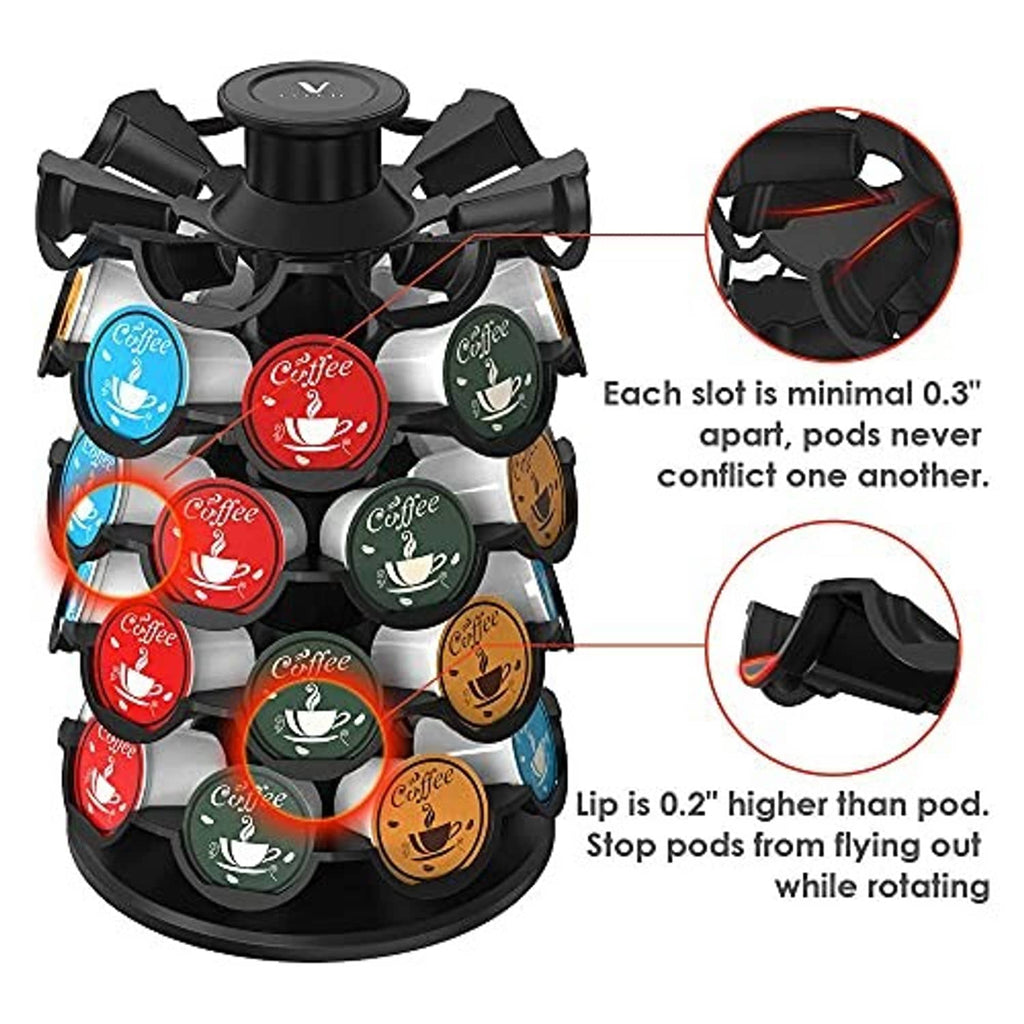 Coffee pod carousel organizer showing rotating pod slots with black stabilizing arms