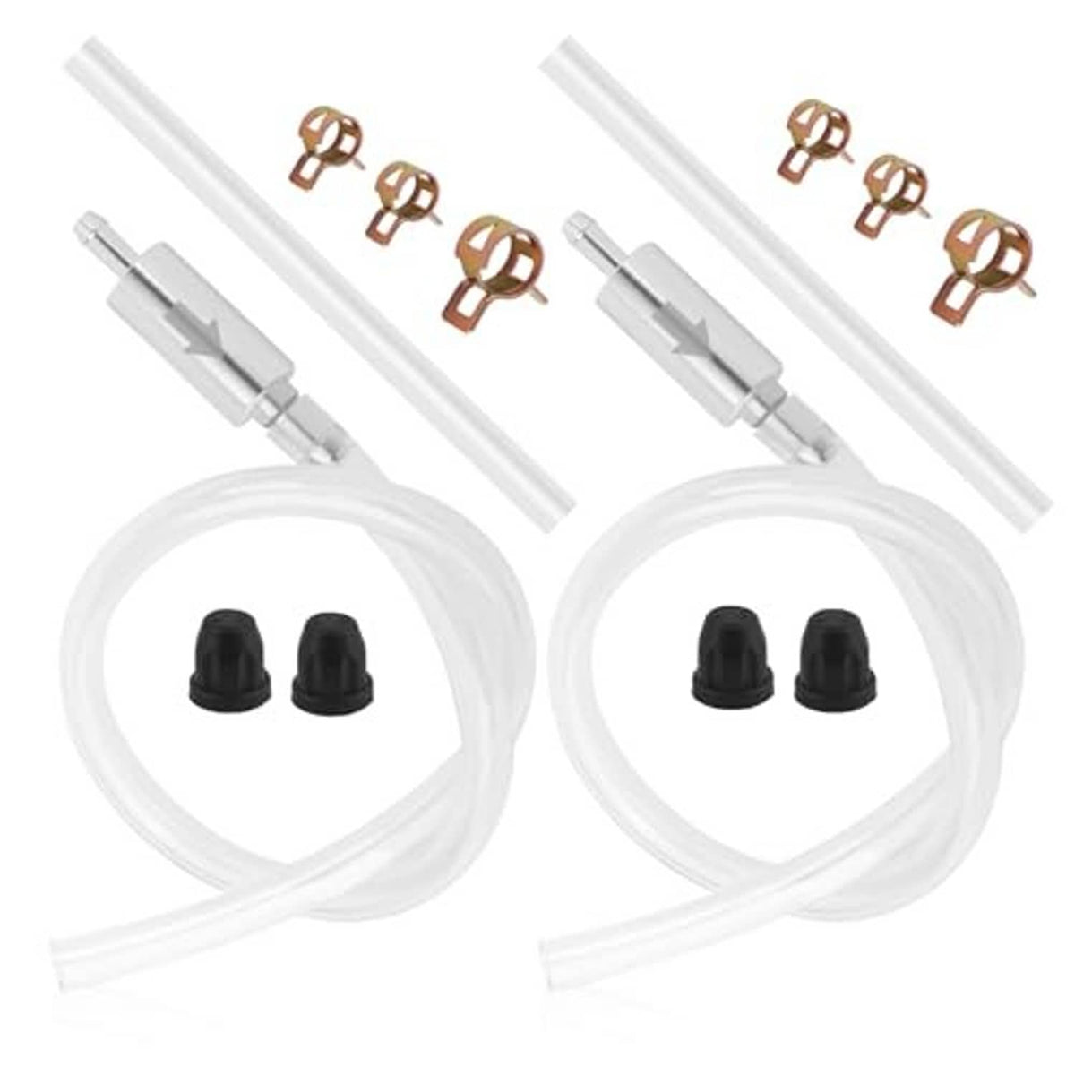 Brake bleeder check valve kit, two clear hoses with black end caps and copper fittings