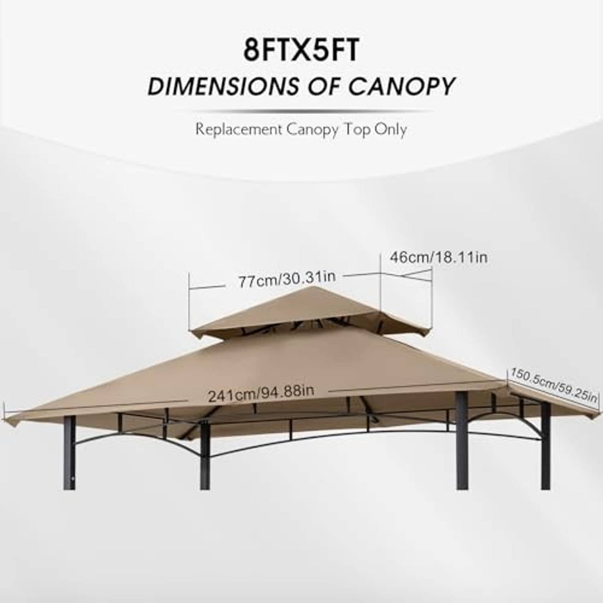 Beige canopy top replacement for 8x5 ft gazebo, with dimension diagram
