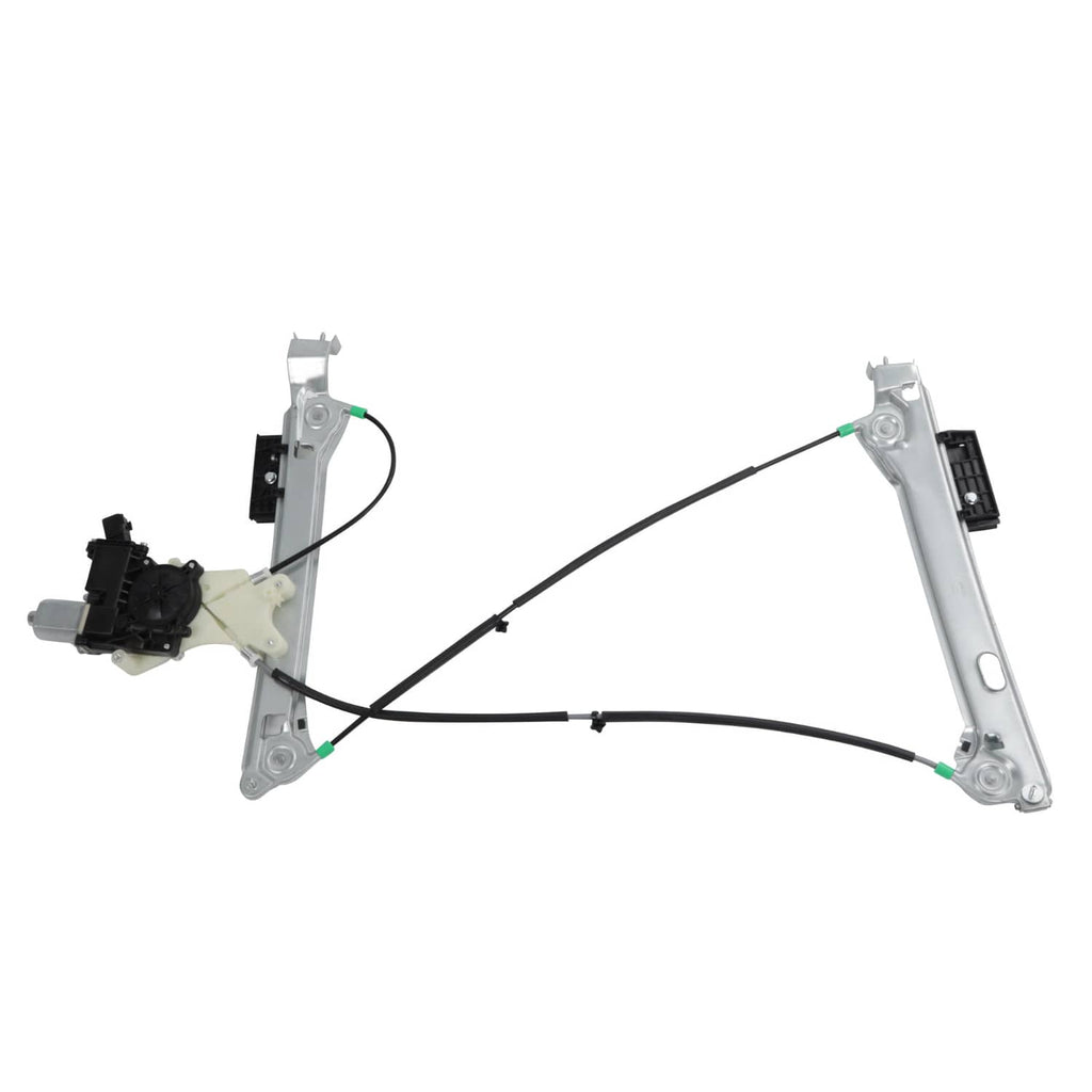 Window regulator assembly with two silver rails, black cable runs, and side motor modules