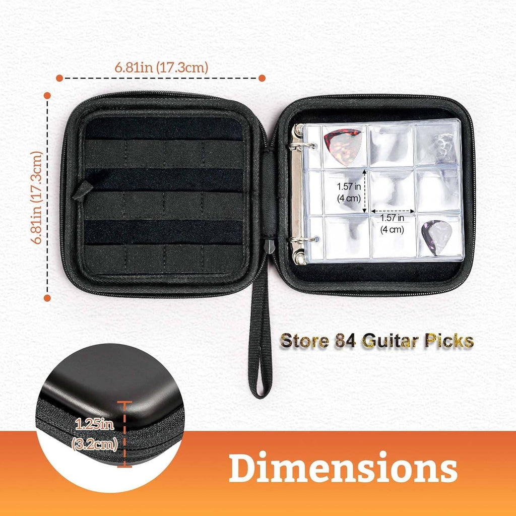 Open black guitar pick case with internal fabric dividers and clear front pocket