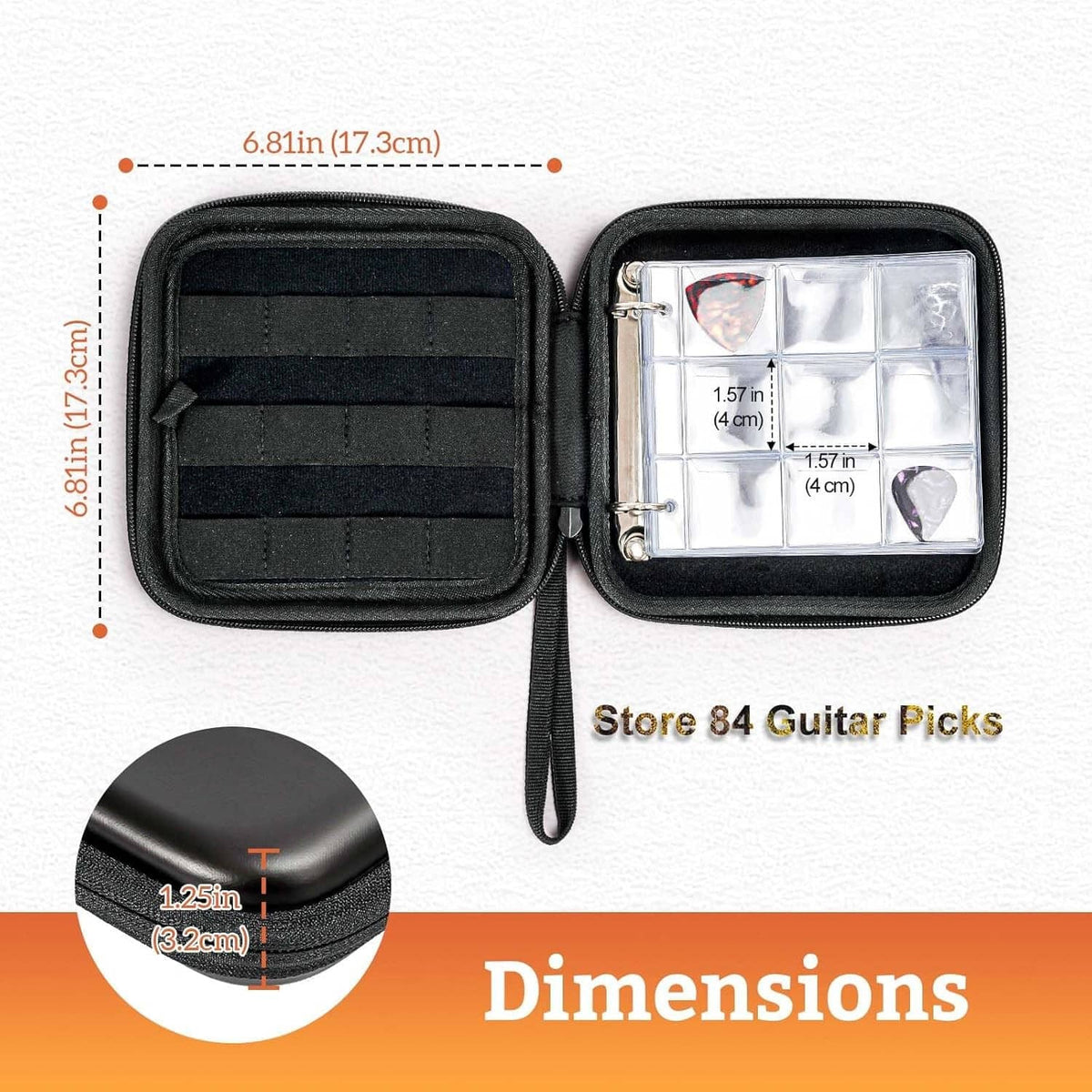 Open black guitar pick case with internal fabric dividers and clear front pocket